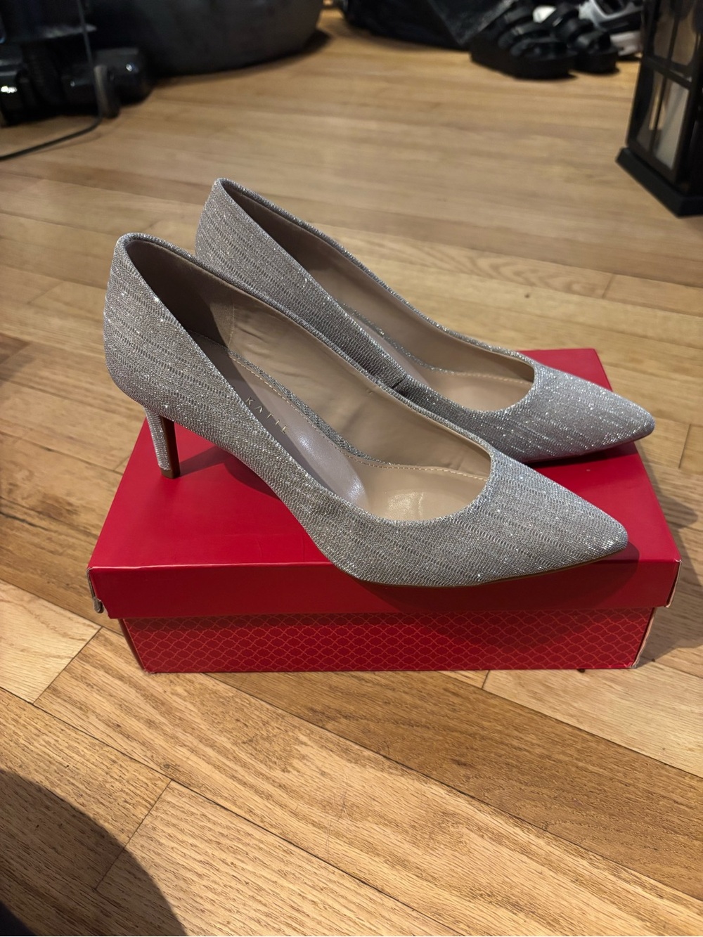 Kelly & Katie Shimmery Light Silver Pointed Mid-Heel Pumps
